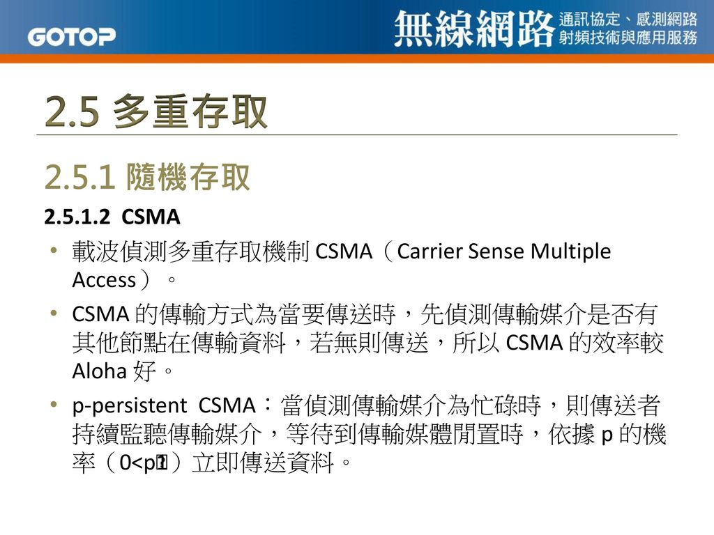 2.5 多重存取 隨機存取 CSMA. 載波偵測多重存取機制 CSMA（Carrier Sense Multiple Access）。