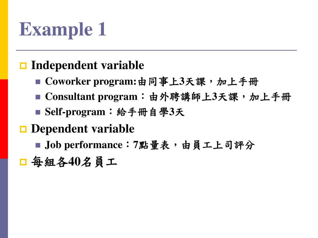 Example 1 Independent variable Dependent variable 每組各40名員工