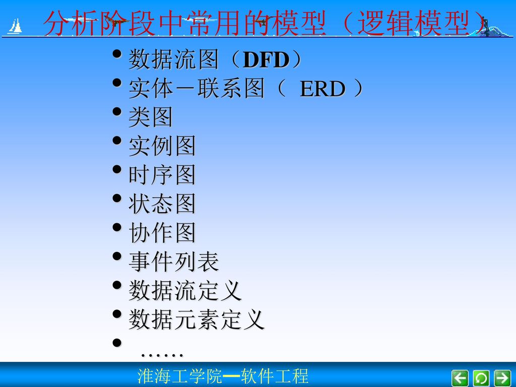 分析阶段中常用的模型（逻辑模型） 数据流图（DFD） 实体―联系图（ ERD ） 类图 实例图 时序图 状态图 协作图 事件列表 数据流定义