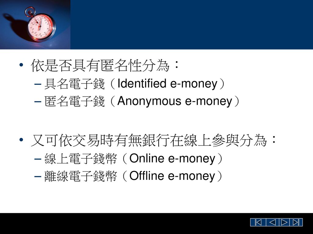 依是否具有匿名性分為： 又可依交易時有無銀行在線上參與分為： 具名電子錢（Identified e-money）