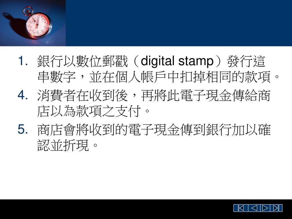銀行以數位郵戳（digital stamp）發行這串數字，並在個人帳戶中扣掉相同的款項。