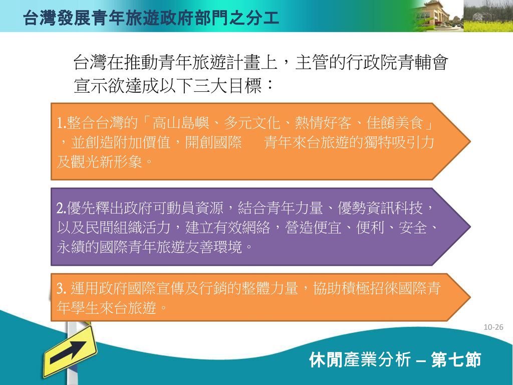 台灣在推動青年旅遊計畫上，主管的行政院青輔會宣示欲達成以下三大目標：
