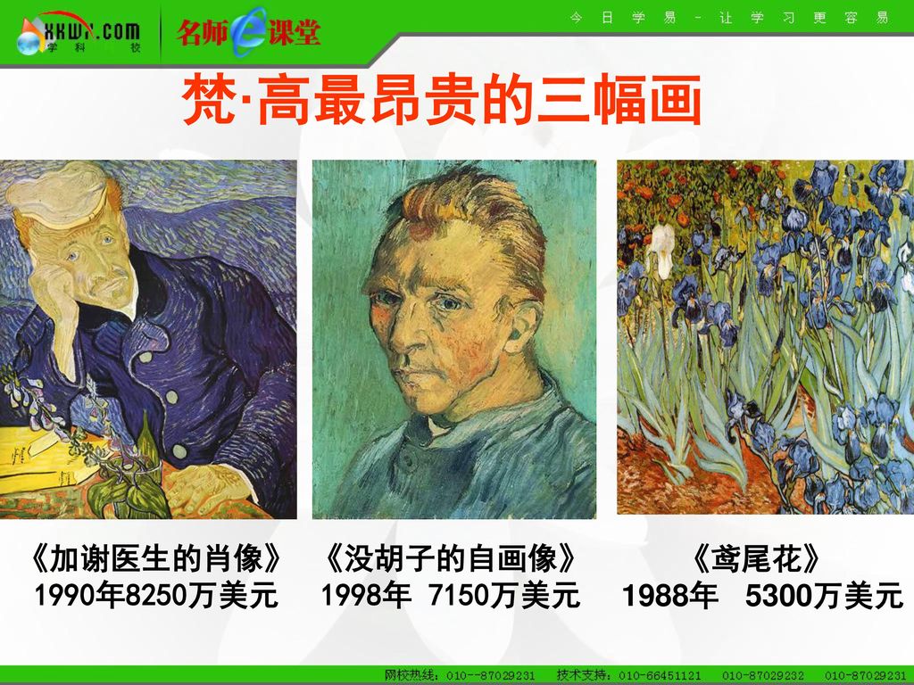 梵·高最昂贵的三幅画 《加谢医生的肖像》 1990年8250万美元 《没胡子的自画像》 1998年 7150万美元 《鸢尾花》