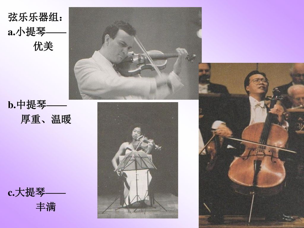 弦乐乐器组： a.小提琴—— 优美 b.中提琴—— 厚重、温暖 c.大提琴—— 丰满