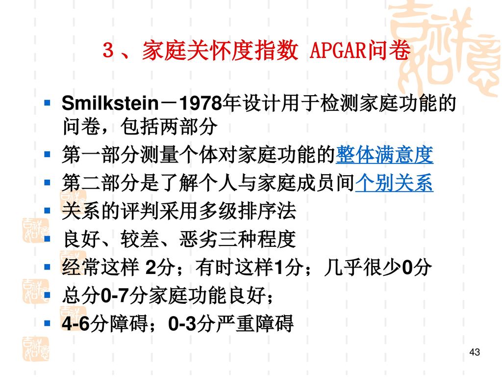３、家庭关怀度指数 APGAR问卷 Smilkstein－1978年设计用于检测家庭功能的问卷，包括两部分