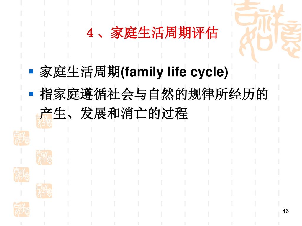 ４、家庭生活周期评估 家庭生活周期(family life cycle) 指家庭遵循社会与自然的规律所经历的产生、发展和消亡的过程