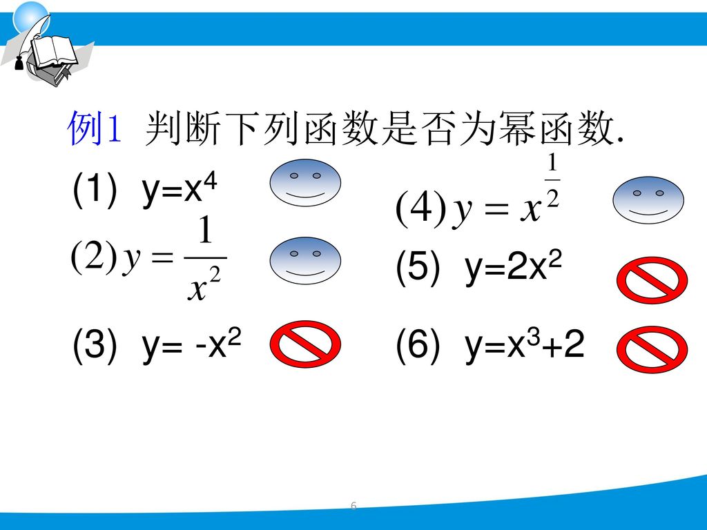 例1 判断下列函数是否为幂函数. (1) y=x4 (3) y= -x2 (5) y=2x2 (6) y=x3+2