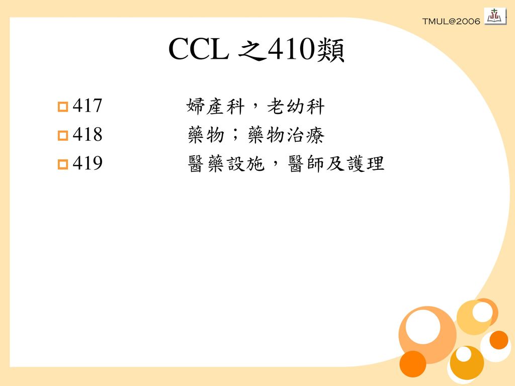CCL 之410類 417 婦產科，老幼科 418 藥物；藥物治療 419 醫藥設施，醫師及護理