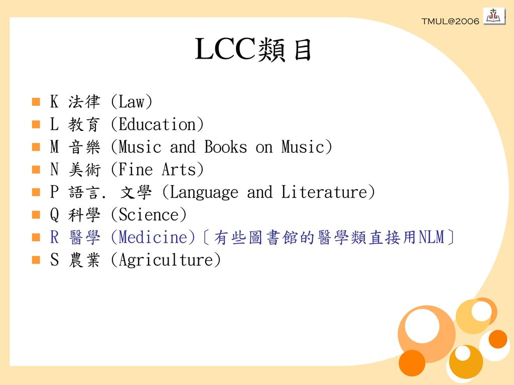 LCC類目 K 法律 (Law) L 教育 (Education) M 音樂 (Music and Books on Music)