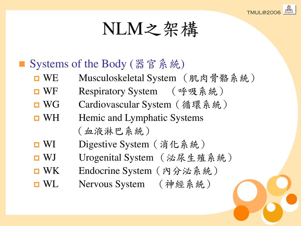 NLM之架構 Systems of the Body (器官系統) WE Musculoskeletal System （肌肉骨骼系統）