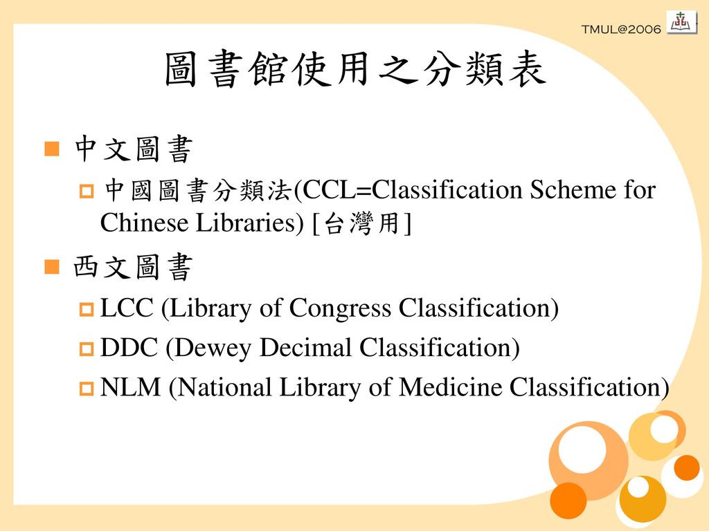 圖書館使用之分類表 中文圖書. 中國圖書分類法(CCL=Classification Scheme for Chinese Libraries) [台灣用] 西文圖書. LCC (Library of Congress Classification)