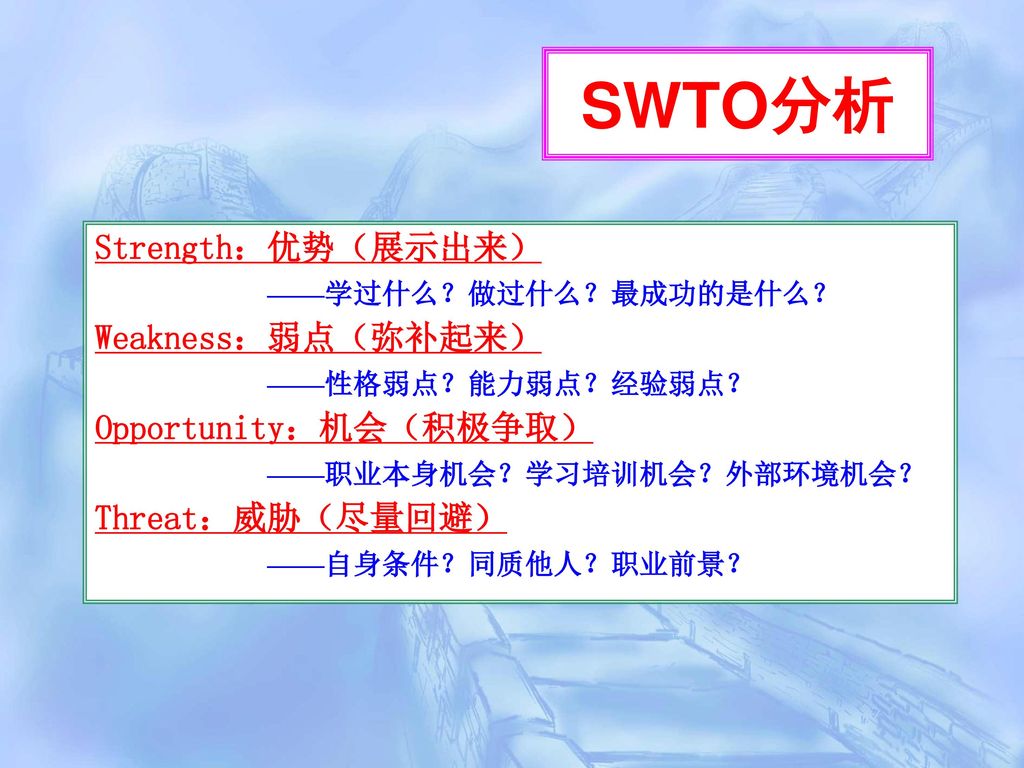 SWTO分析 Strength：优势（展示出来） ——学过什么？做过什么？最成功的是什么？ Weakness：弱点（弥补起来）
