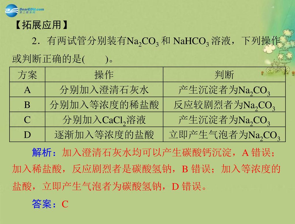 2．有两试管分别装有Na2CO3 和 NaHCO3 溶液，下列操作