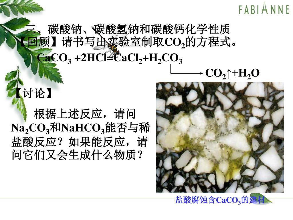 【回顾】请书写出实验室制取CO2的方程式。 CaCO3 +2HCl=CaCl2+H2CO3 CO2↑+H2O