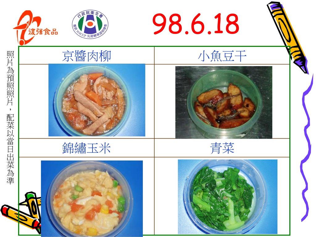 京醬肉柳 小魚豆干 錦繡玉米 青菜 照片為預照照片，配菜以當日出菜為準
