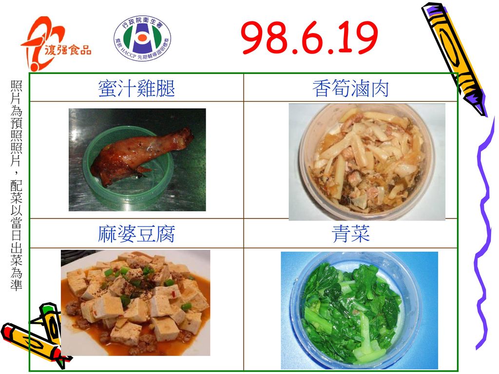 蜜汁雞腿 香筍滷肉 麻婆豆腐 青菜 照片為預照照片，配菜以當日出菜為準