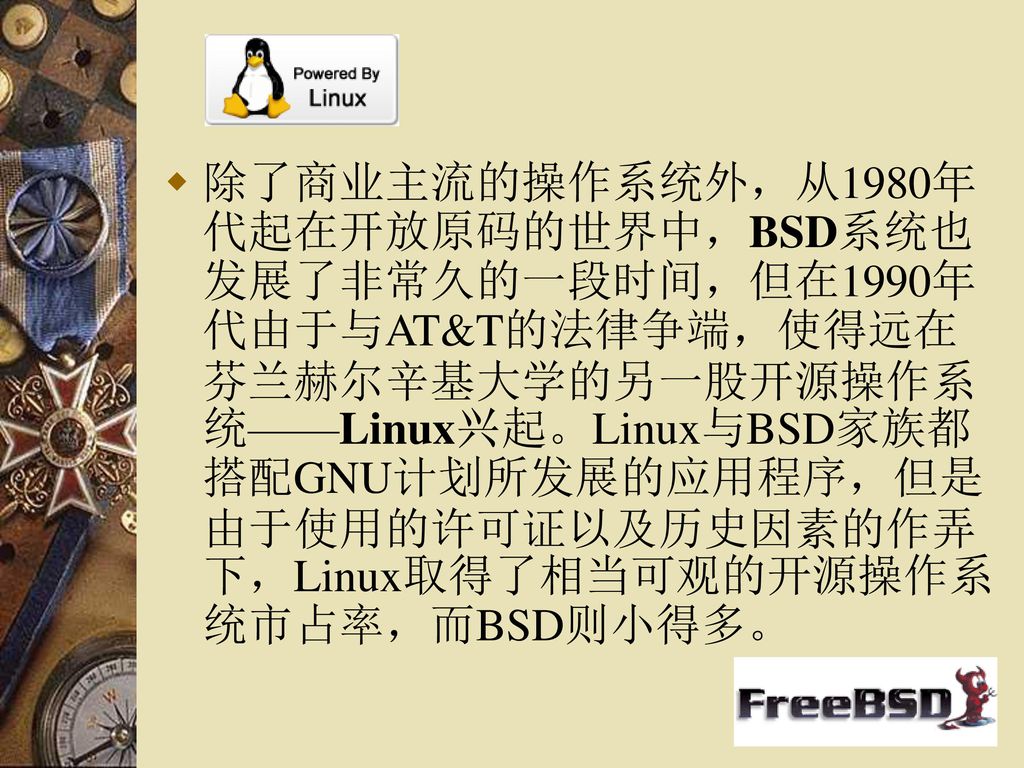 除了商业主流的操作系统外，从1980年代起在开放原码的世界中，BSD系统也发展了非常久的一段时间，但在1990年代由于与AT&T的法律争端，使得远在芬兰赫尔辛基大学的另一股开源操作系统——Linux兴起。Linux与BSD家族都搭配GNU计划所发展的应用程序，但是由于使用的许可证以及历史因素的作弄下，Linux取得了相当可观的开源操作系统市占率，而BSD则小得多。