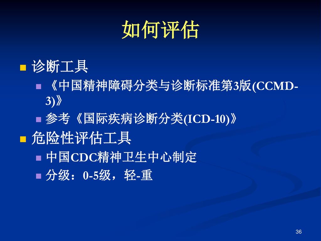 如何评估 诊断工具 危险性评估工具 《中国精神障碍分类与诊断标准第3版(CCMD-3)》 参考《国际疾病诊断分类(ICD-10)》