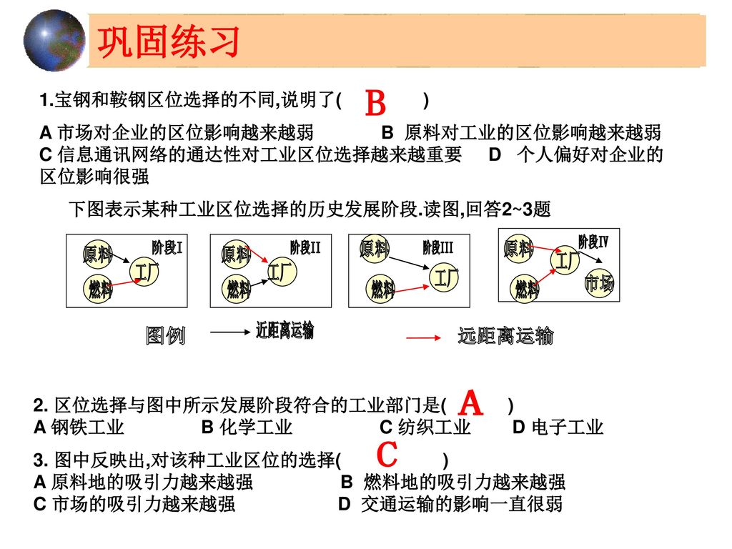 巩固练习 B A C 1.宝钢和鞍钢区位选择的不同,说明了( )