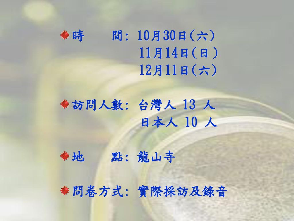 時 間: 10月30日(六) 11月14日(日） 12月11日(六) 訪問人數: 台灣人 13 人 日本人 10 人 地 點: 龍山寺 問卷方式: 實際採訪及錄音