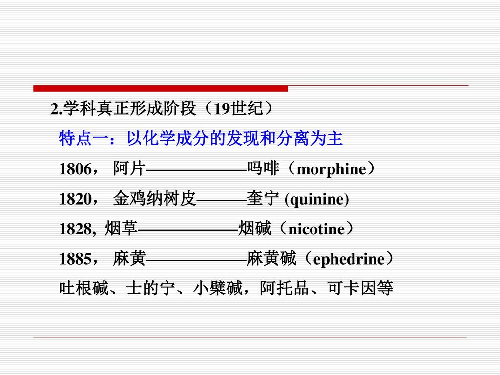 2.学科真正形成阶段（19世纪） 特点一：以化学成分的发现和分离为主. 1806， 阿片——————吗啡（morphine） 1820， 金鸡纳树皮———奎宁 (quinine) 1828, 烟草——————烟碱（nicotine）