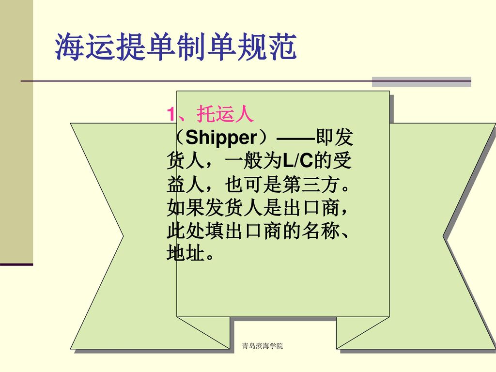 海运提单制单规范 1、托运人（Shipper）——即发货人，一般为L/C的受益人，也可是第三方。如果发货人是出口商，此处填出口商的名称、地址。 青岛滨海学院