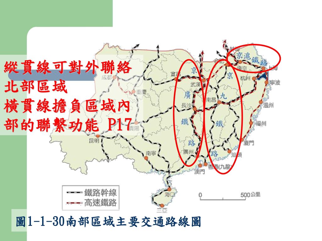 縱貫線可對外聯絡北部區域 橫貫線擔負區域內部的聯繫功能 P17 圖1-1-30南部區域主要交通路線圖