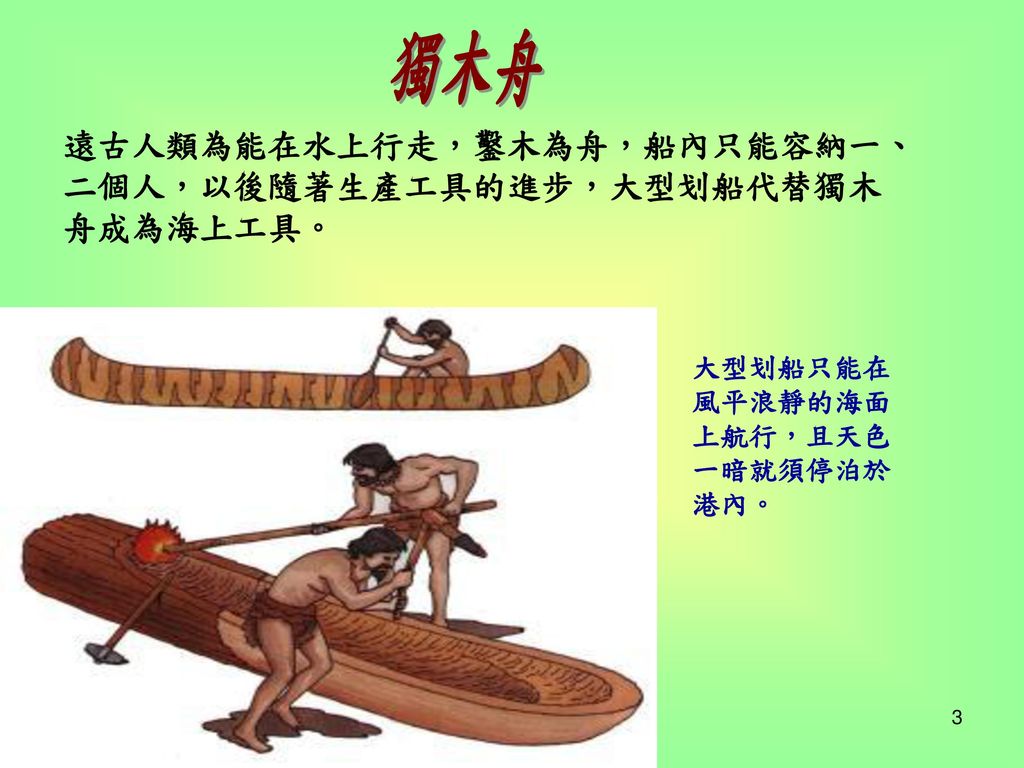 獨木舟 遠古人類為能在水上行走，鑿木為舟，船內只能容納一、二個人，以後隨著生產工具的進步，大型划船代替獨木舟成為海上工具。