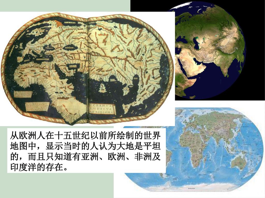 从欧洲人在十五世纪以前所绘制的世界地图中，显示当时的人认为大地是平坦的，而且只知道有亚洲、欧洲、非洲及印度洋的存在。