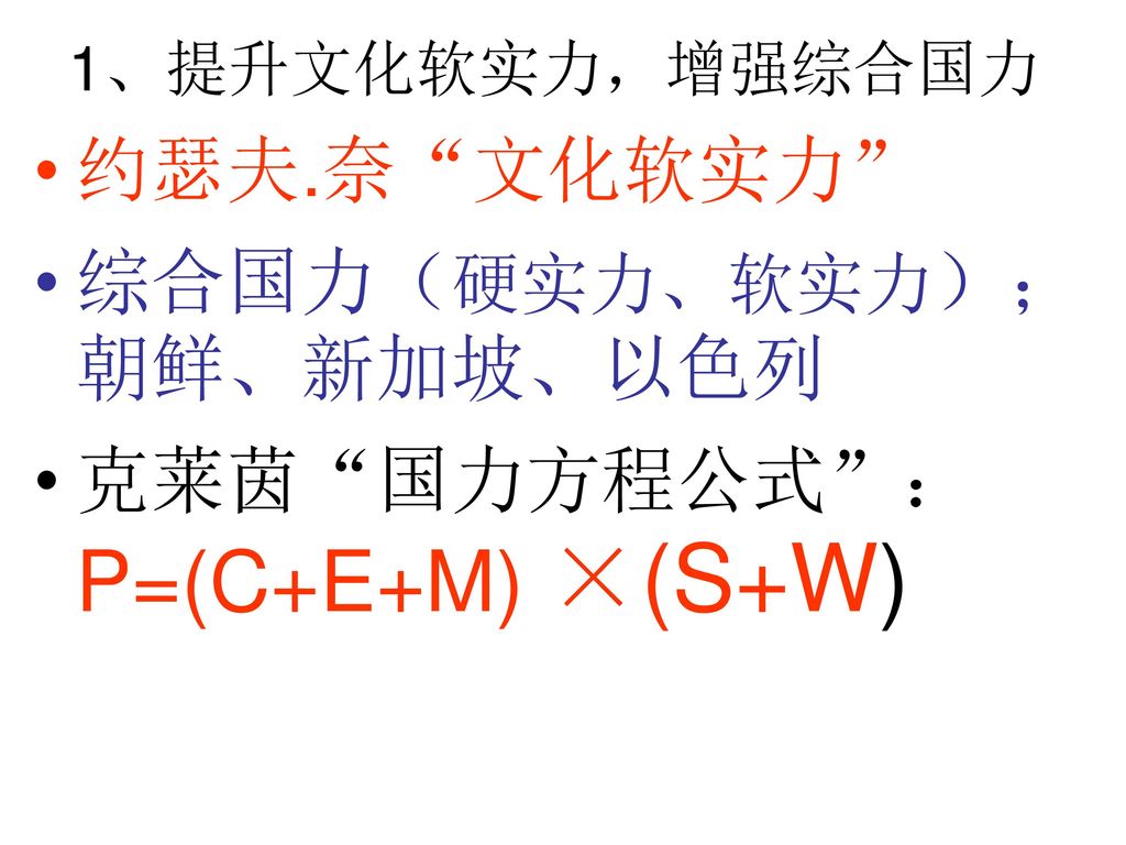综合国力（硬实力、软实力）；朝鲜、新加坡、以色列 克莱茵 国力方程公式 ：P=(C+E+M) ×(S+W)