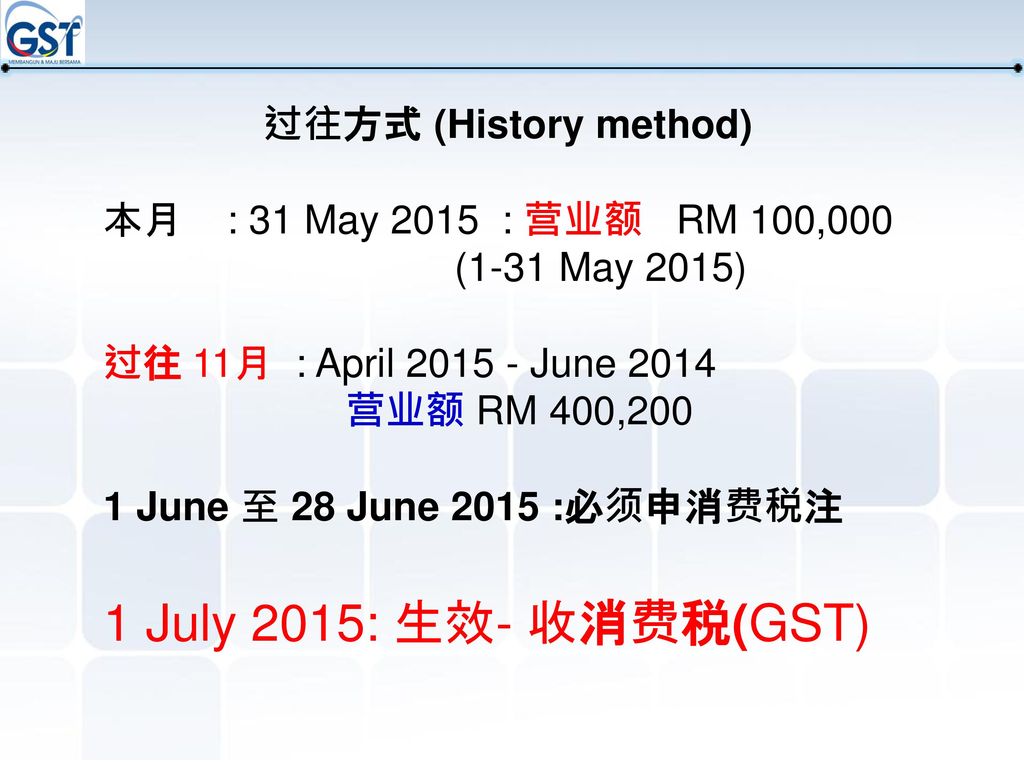 1 July 2015: 生效- 收消费税(GST) 过往方式 (History method)