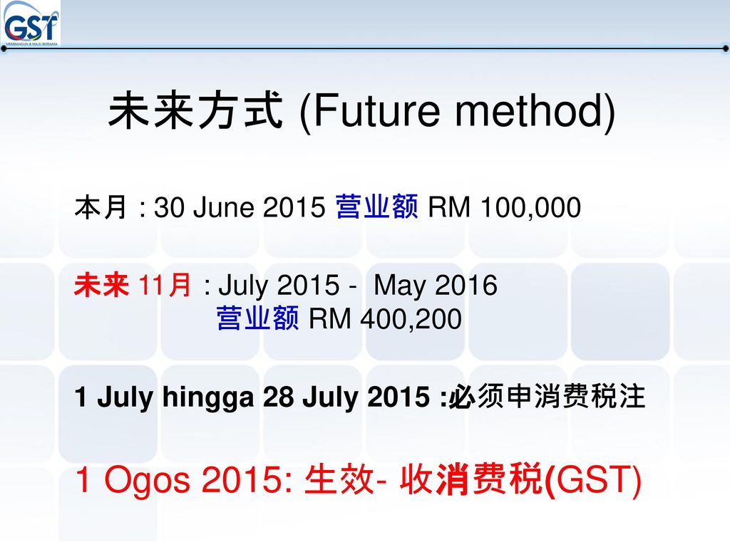 未来方式 (Future method) 1 Ogos 2015: 生效- 收消费税(GST)