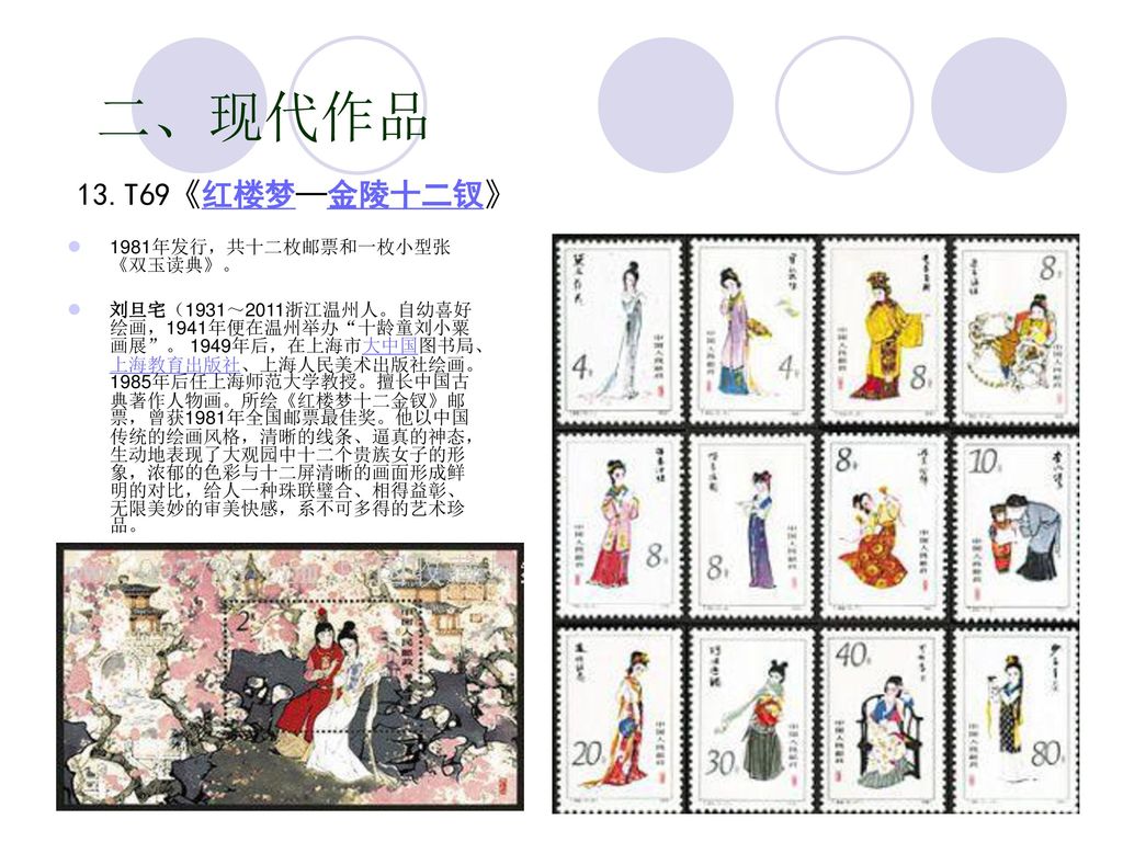 二、现代作品 13.T69《红楼梦─金陵十二钗》 1981年发行，共十二枚邮票和一枚小型张《双玉读典》。