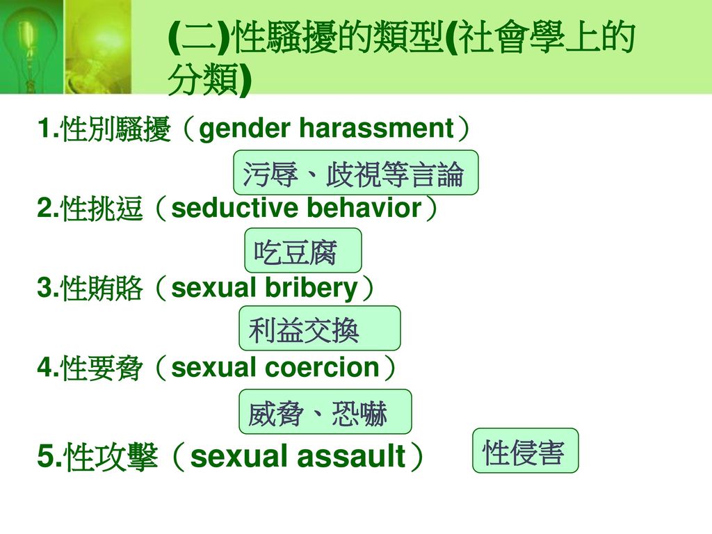 (二)性騷擾的類型(社會學上的分類) 5.性攻擊（sexual assault） 1.性別騷擾（gender harassment）