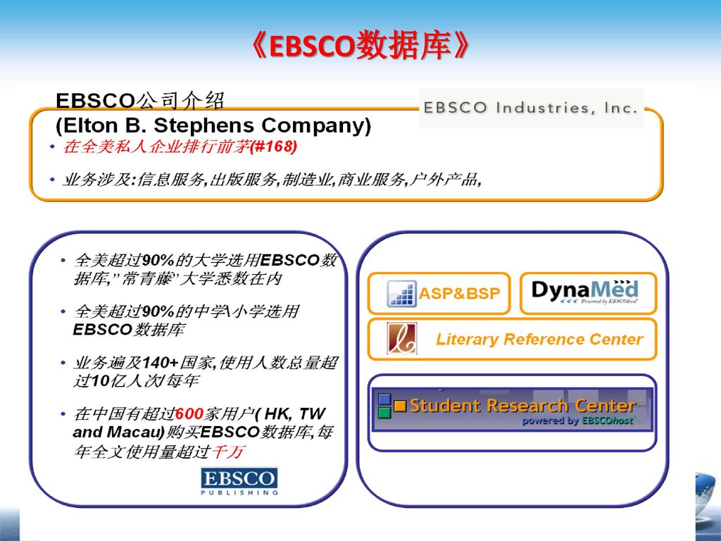 《EBSCO数据库》 EBSCO 是一个具有60多年历史的大型文献服务专业公司，提供期刊、文献定购及出版等服务。