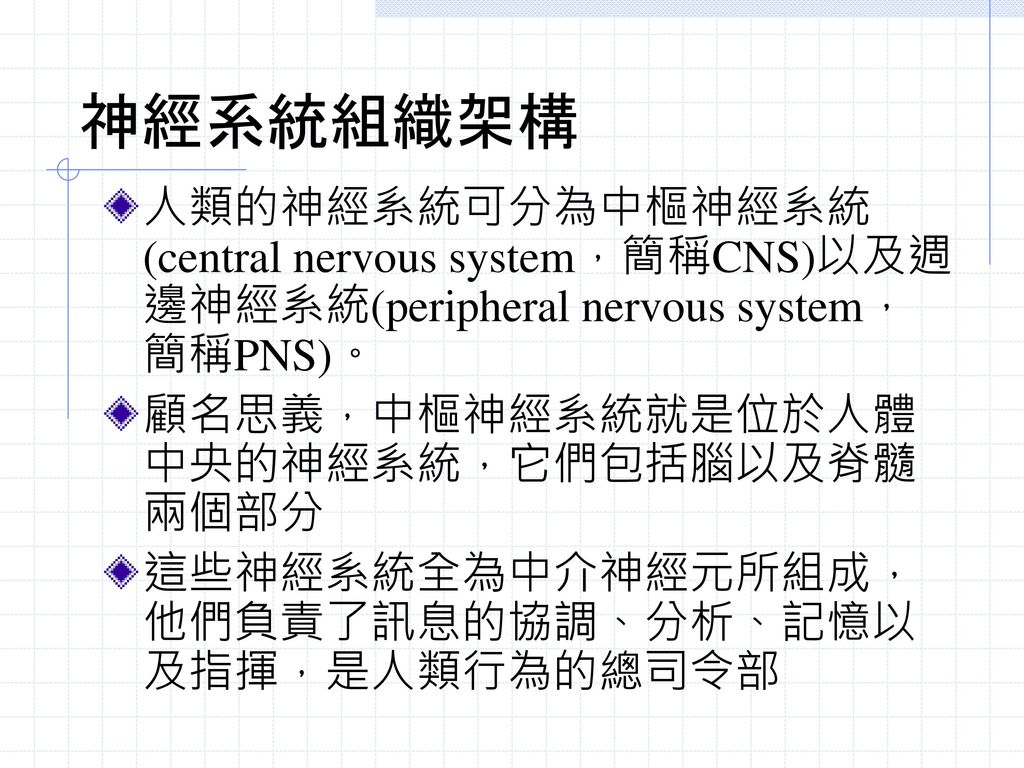 神經系統組織架構 人類的神經系統可分為中樞神經系統(central nervous system，簡稱CNS)以及週邊神經系統(peripheral nervous system，簡稱PNS)。 顧名思義，中樞神經系統就是位於人體中央的神經系統，它們包括腦以及脊髓兩個部分.