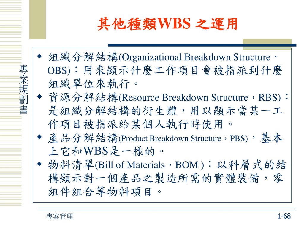 其他種類WBS 之運用 組織分解結構(Organizational Breakdown Structure，OBS)：用來顯示什麼工作項目會被指派到什麼組織單位來執行。