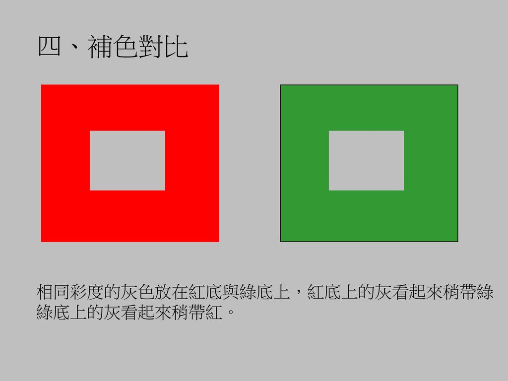 四、補色對比 相同彩度的灰色放在紅底與綠底上，紅底上的灰看起來稍帶綠 綠底上的灰看起來稍帶紅。