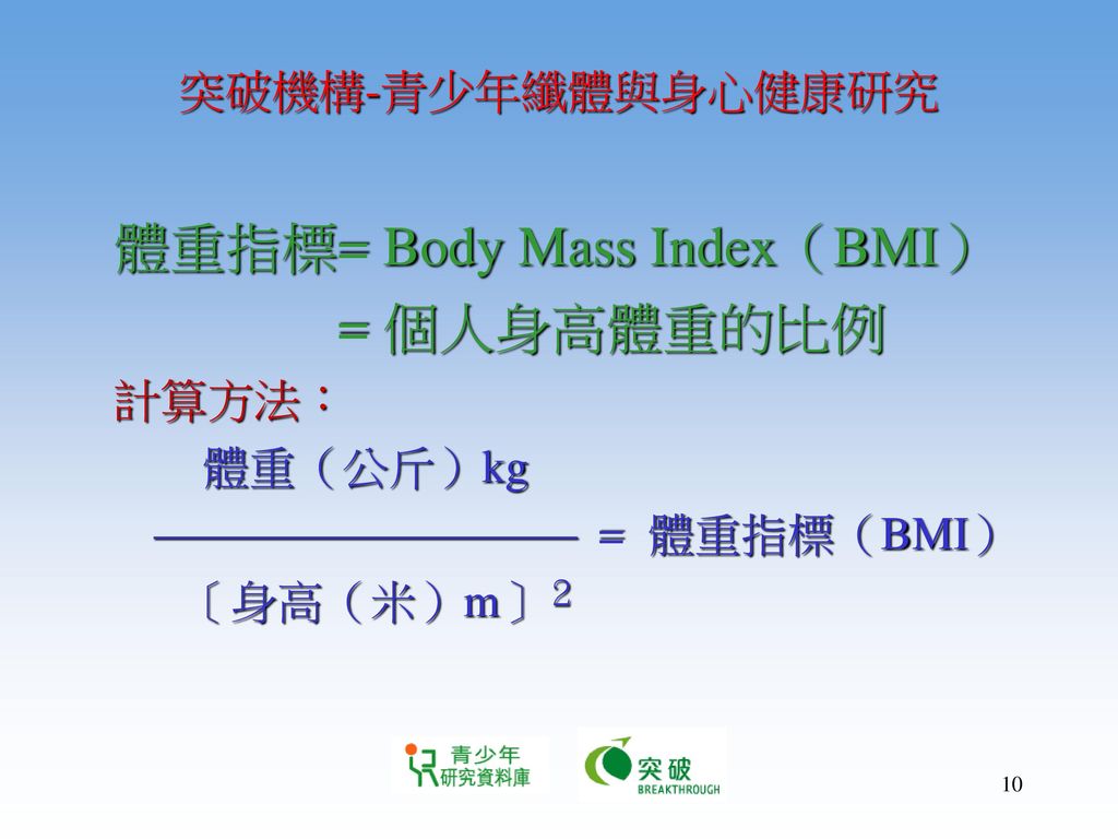 體重指標= Body Mass Index（BMI） = 個人身高體重的比例