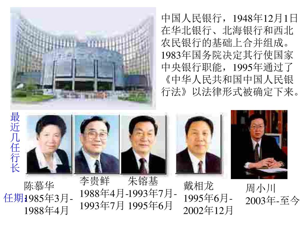 中国人民银行，1948年12月1日 在华北银行、北海银行和西北. 农民银行的基础上合并组成。 1983年国务院决定其行使国家. 中央银行职能，1995年通过了. 《中华人民共和国中国人民银.