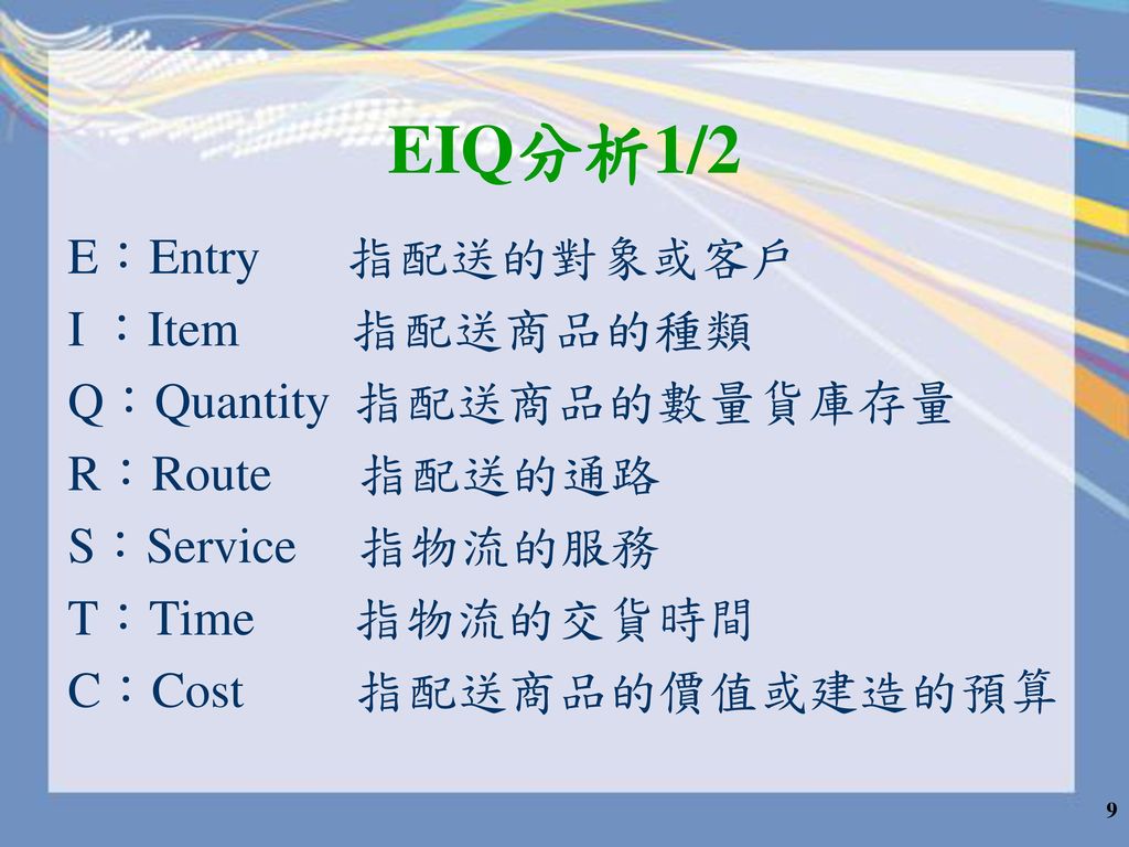EIQ分析1/2 E：Entry 指配送的對象或客戶 I ：Item 指配送商品的種類 Q：Quantity 指配送商品的數量貨庫存量