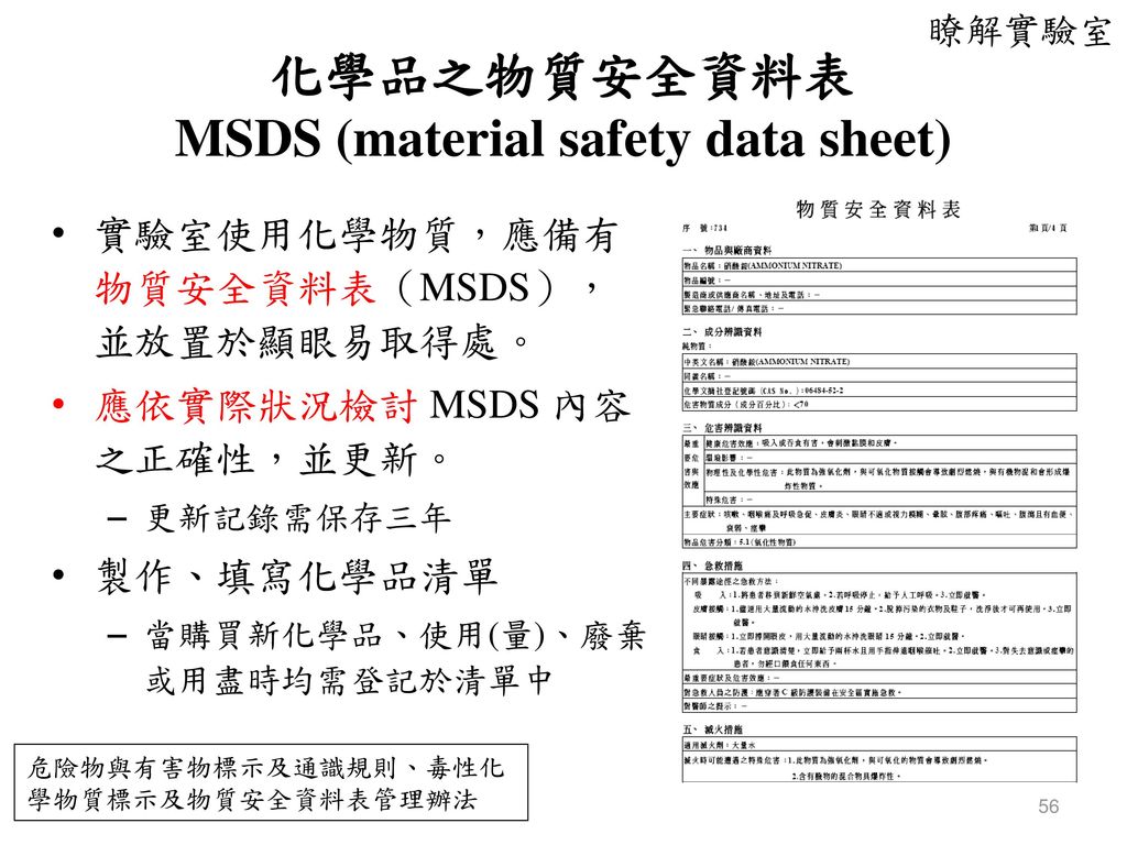 化學品之物質安全資料表 MSDS (material safety data sheet)