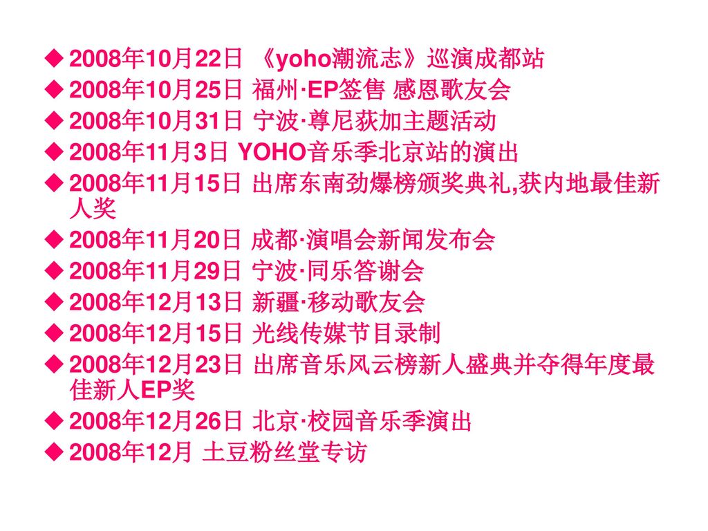 2008年10月22日 《yoho潮流志》巡演成都站 2008年10月25日 福州·EP签售 感恩歌友会. 2008年10月31日 宁波·尊尼荻加主题活动. 2008年11月3日 YOHO音乐季北京站的演出.