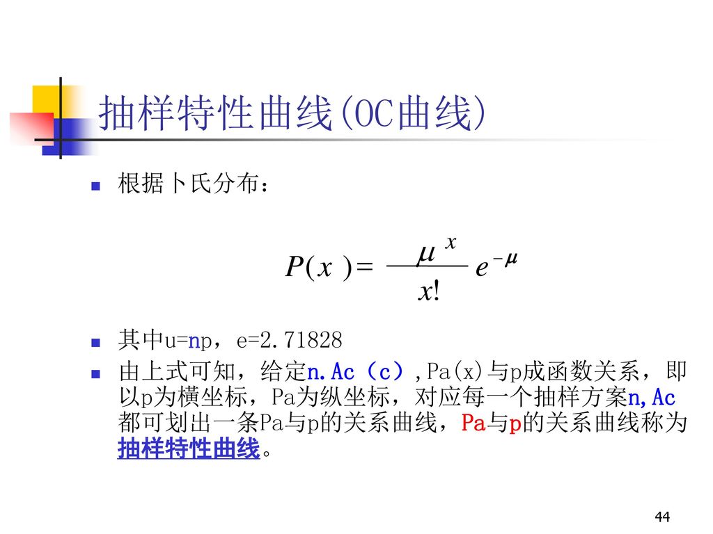 抽样特性曲线(OC曲线) ! ) ( x e P = 根据卜氏分布： 其中u=np，e=