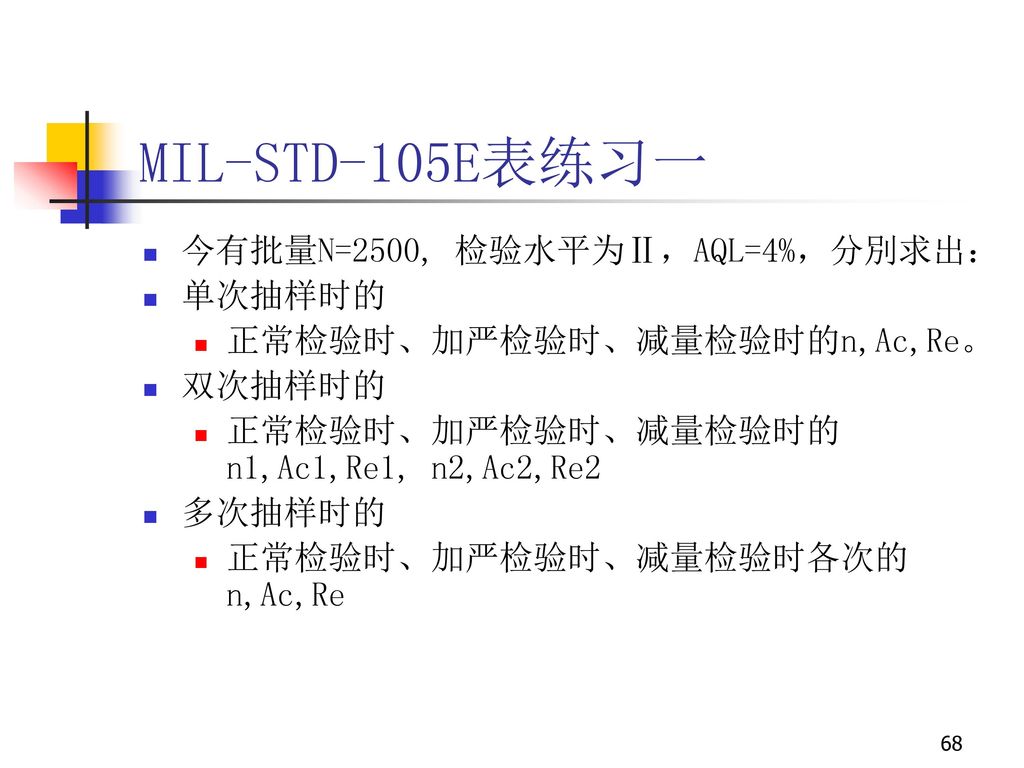 MIL-STD-105E表练习一 今有批量N=2500, 检验水平为Ⅱ，AQL=4%，分別求出： 单次抽样时的