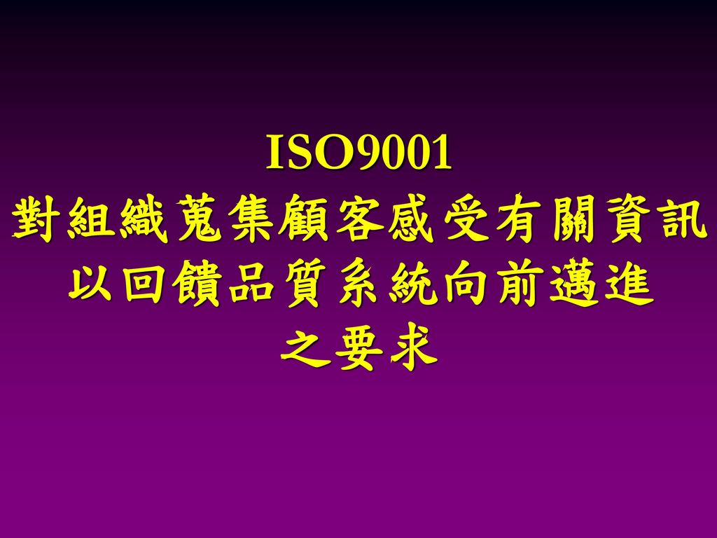 ISO9001 對組織蒐集顧客感受有關資訊 以回饋品質系統向前邁進 之要求