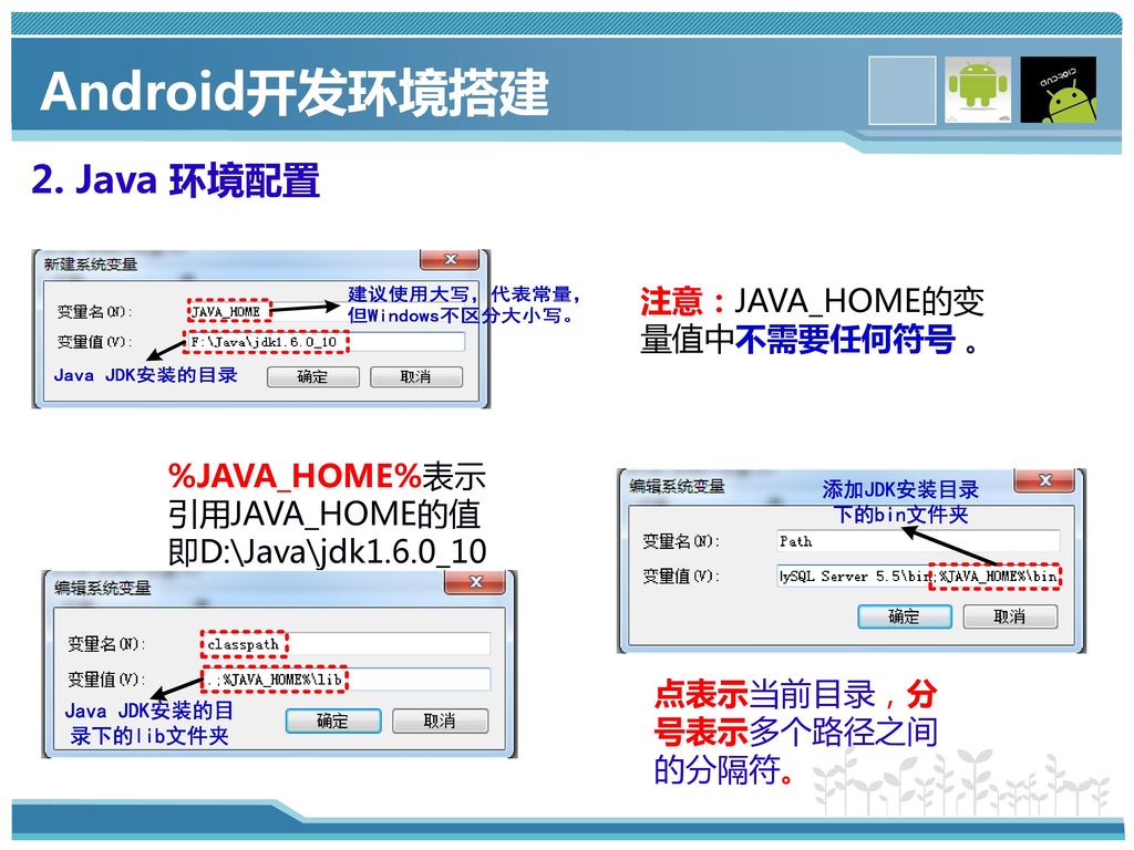 Android开发环境搭建 2. Java 环境配置 注意：JAVA_HOME的变量值中不需要任何符号 。
