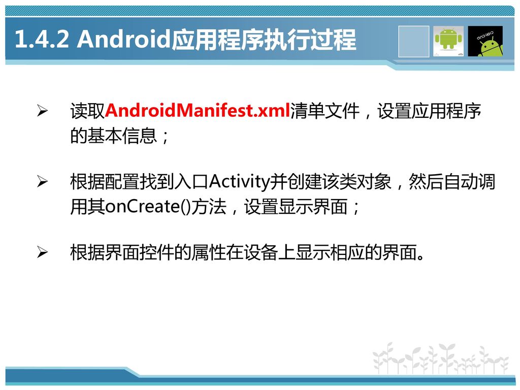 1.4.2 Android应用程序执行过程 读取AndroidManifest.xml清单文件，设置应用程序 的基本信息；