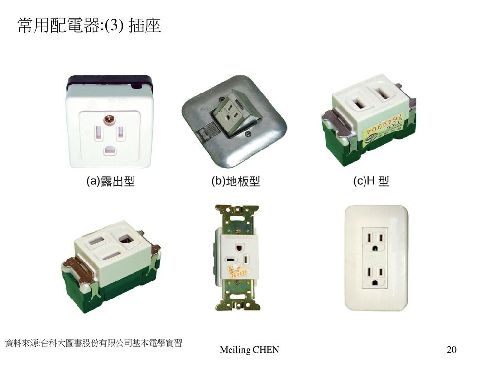 常用配電器:(3) 插座 資料來源:台科大圖書股份有限公司基本電學實習 Meiling CHEN