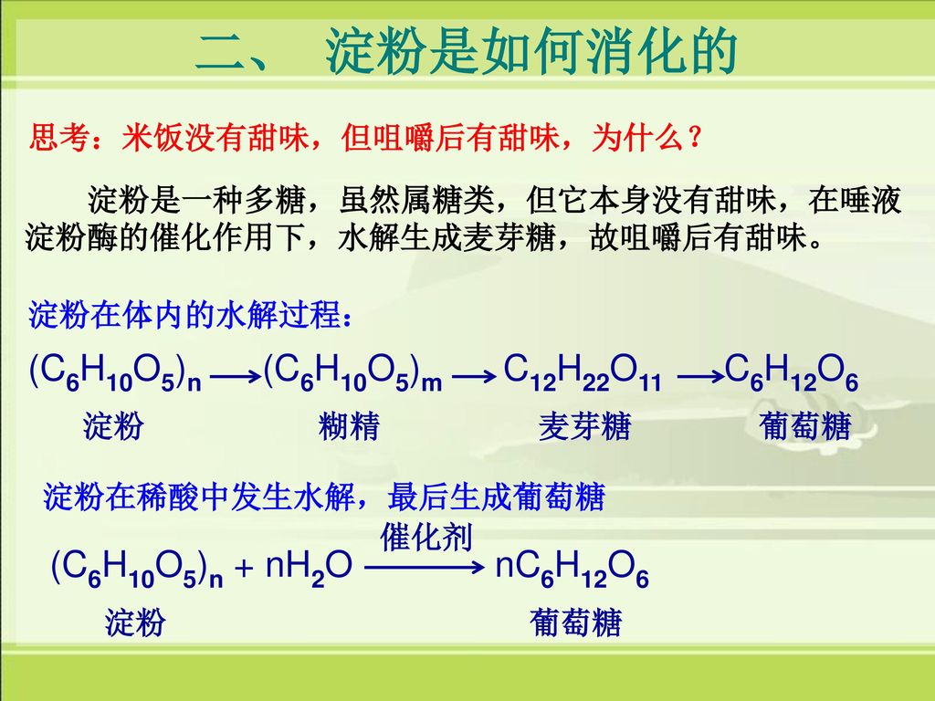 二、 淀粉是如何消化的 (C6H10O5)n (C6H10O5)m C12H22O11 C6H12O6 淀粉 糊精 麦芽糖 葡萄糖